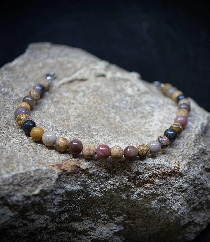 Bracelet Jaspe paysage et bois pétrifié  Matière:  Argent 925/1000 (1,9 grammes) Pierre:  Jaspe et Bois Poids: 1,9 grammes