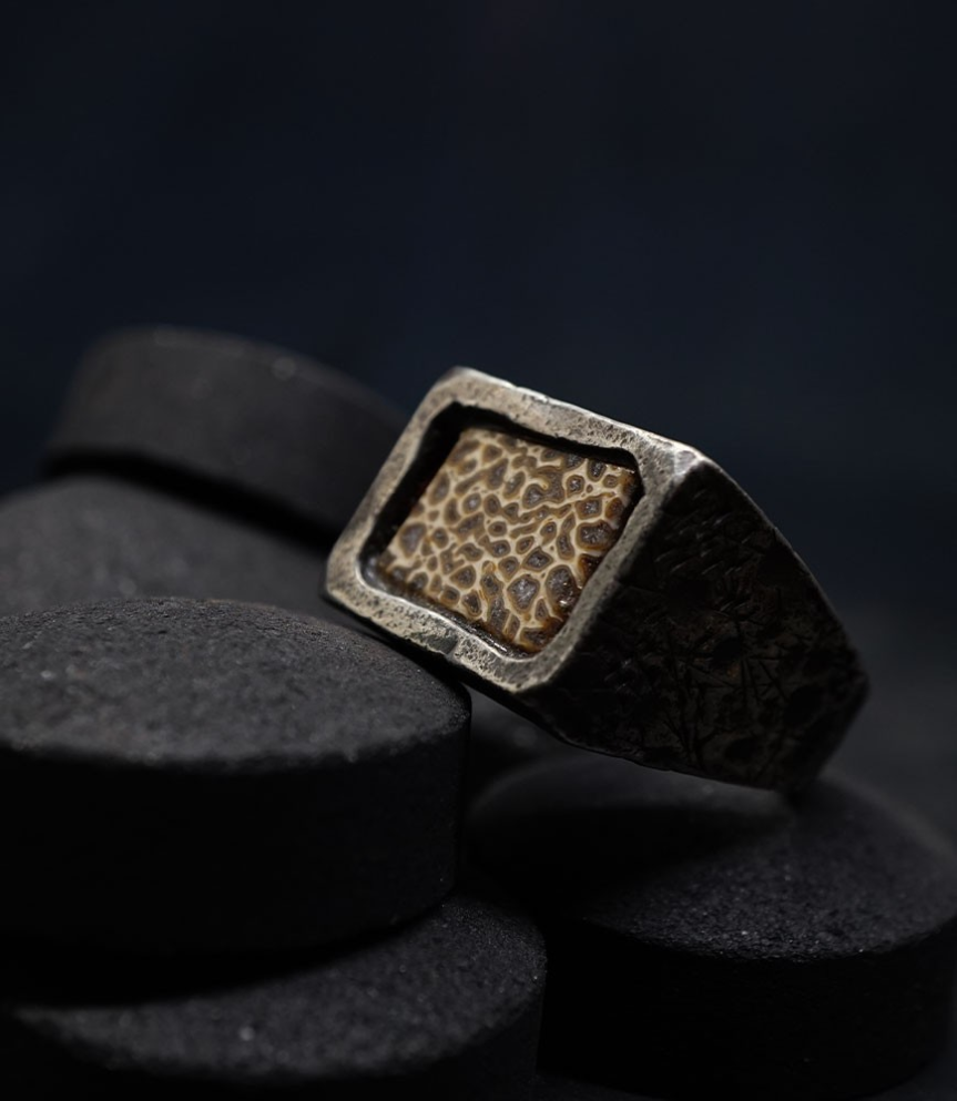 First Men Collection - Silver Ring and Fossilized Dinosaur Bone
