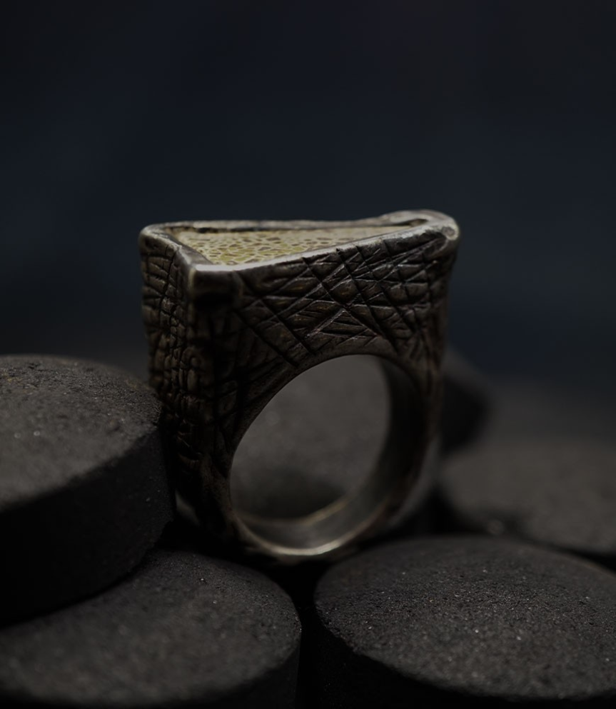 Creation by Anthony Barrouyer in solid silver and dinosaur bone.