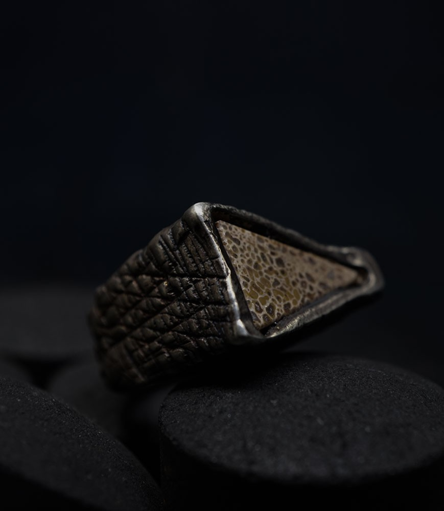 Creation by Anthony Barrouyer in solid silver and dinosaur bone.