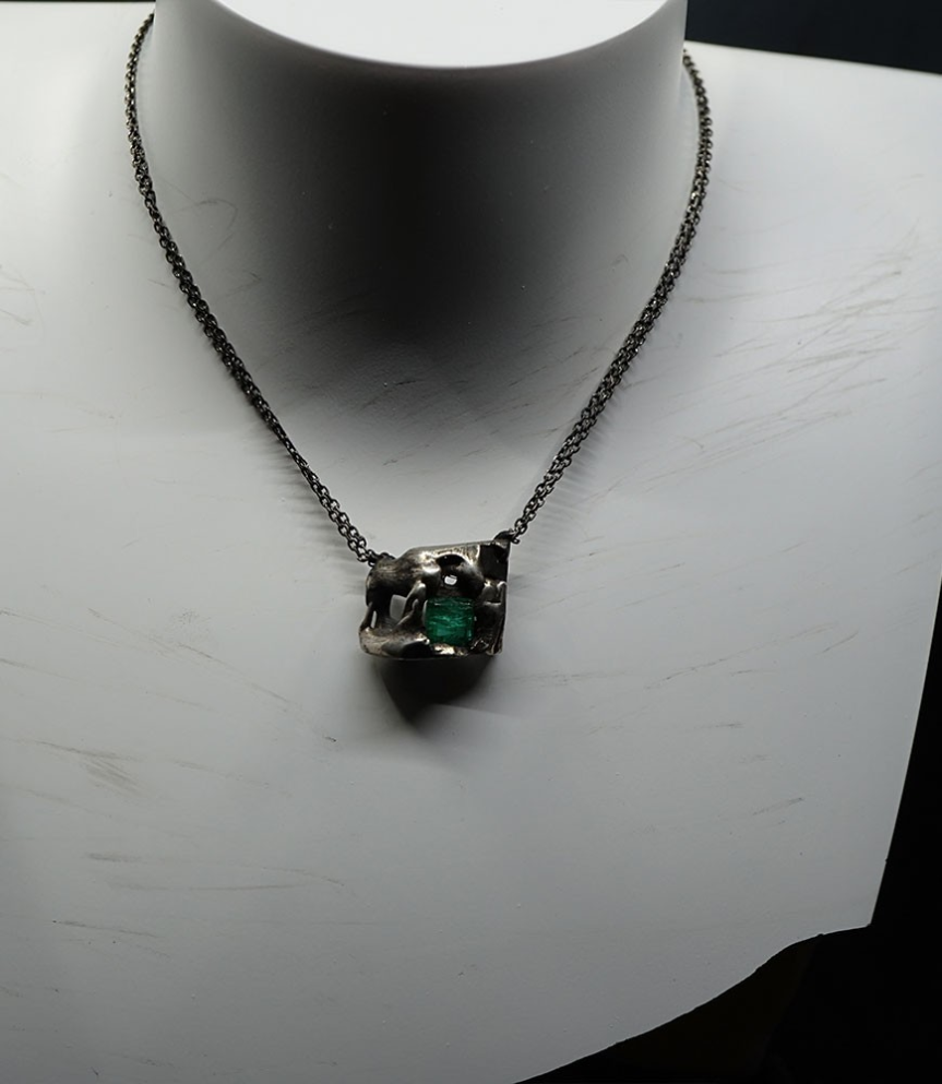 Emerald pendant in solid silver designed by Anthony Barrouyer.