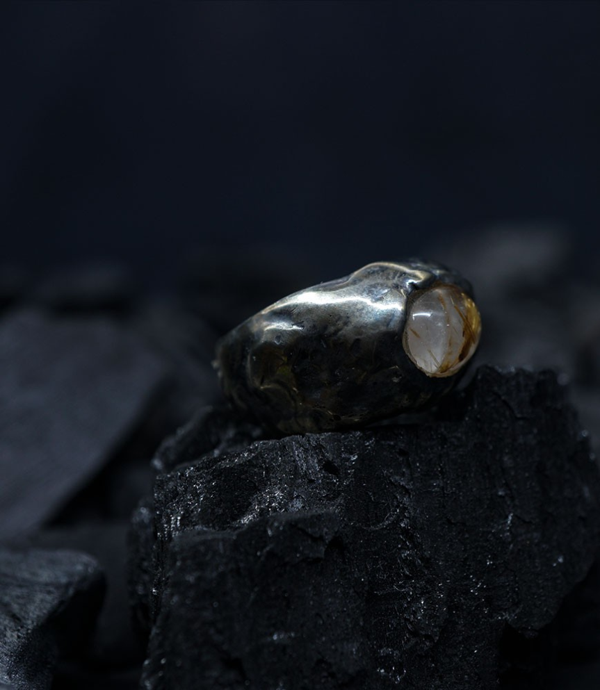 Hephaistos Stones Collection - Rutilated Quartz Ring in Solid Silver by Anthony Barrouyer