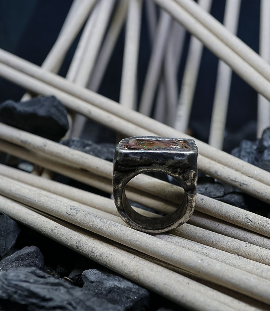 Bague opale boulder et diamant création en argent massif