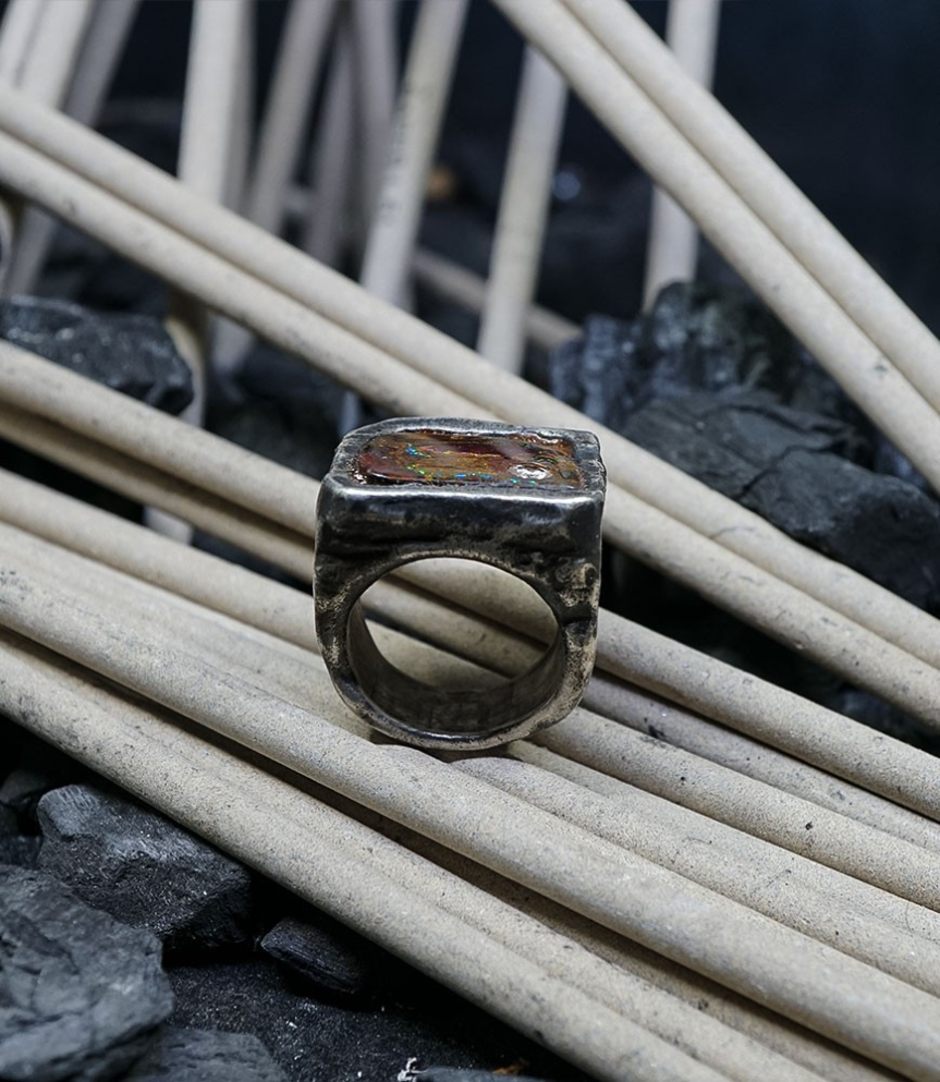 Bague opale boulder et diamant création en argent massif
