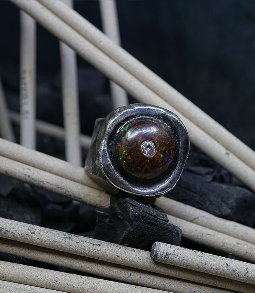 First Men Collection - Sterling Silver Ring, Boulder Opal and Diamond
