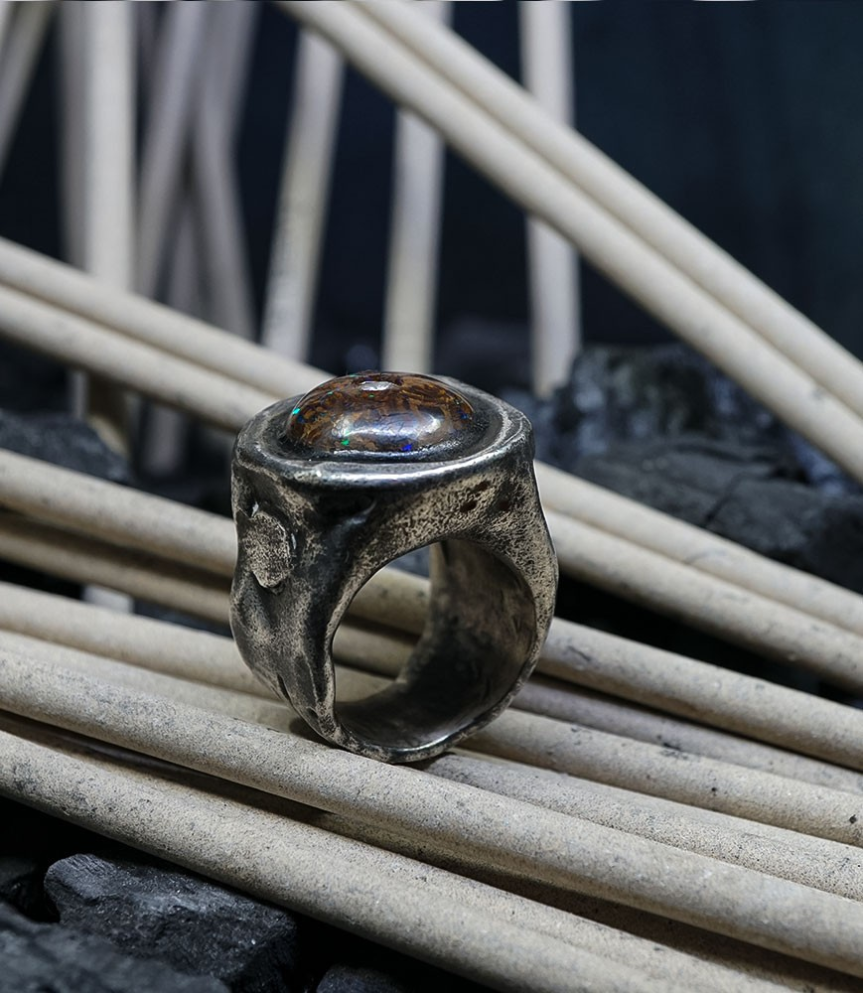 First Men Collection - Sterling Silver Ring, Boulder Opal and Diamond