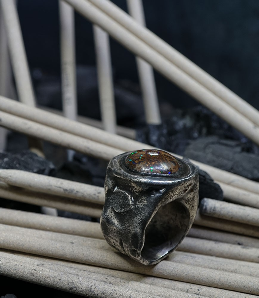 First Men Collection - Sterling Silver Ring, Boulder Opal and Diamond