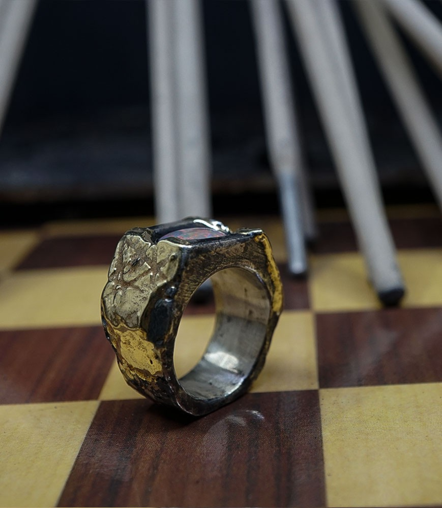 Bague opale en or et argent massif