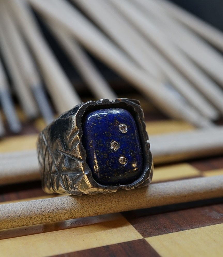 Bague pour Homme de créateur:Héphaïstos Stones Collection - Bague Diamants, Argent Massif et Lapis Lazuli