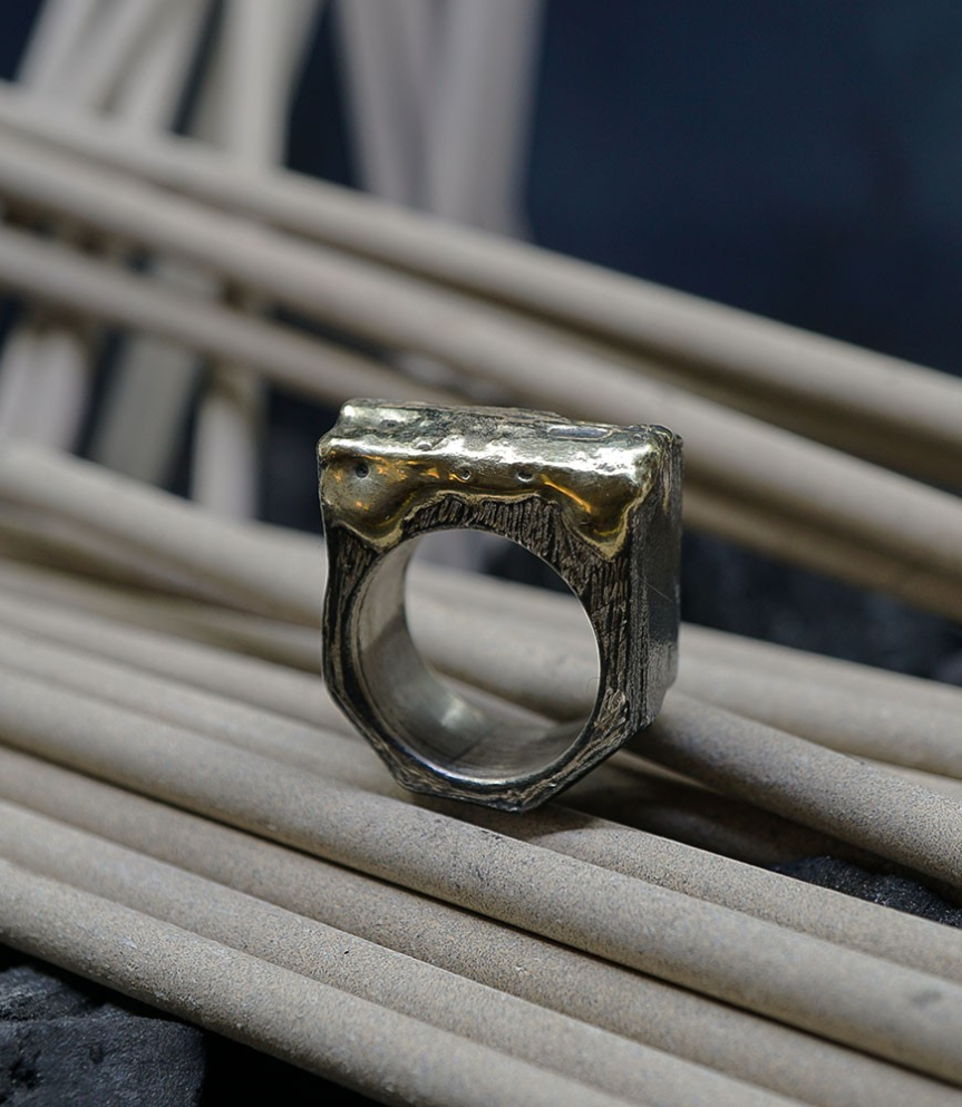 Black Diamond Ring, Silver and Gold.