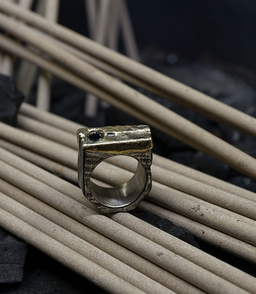 Black Diamond Ring, Silver and Gold.