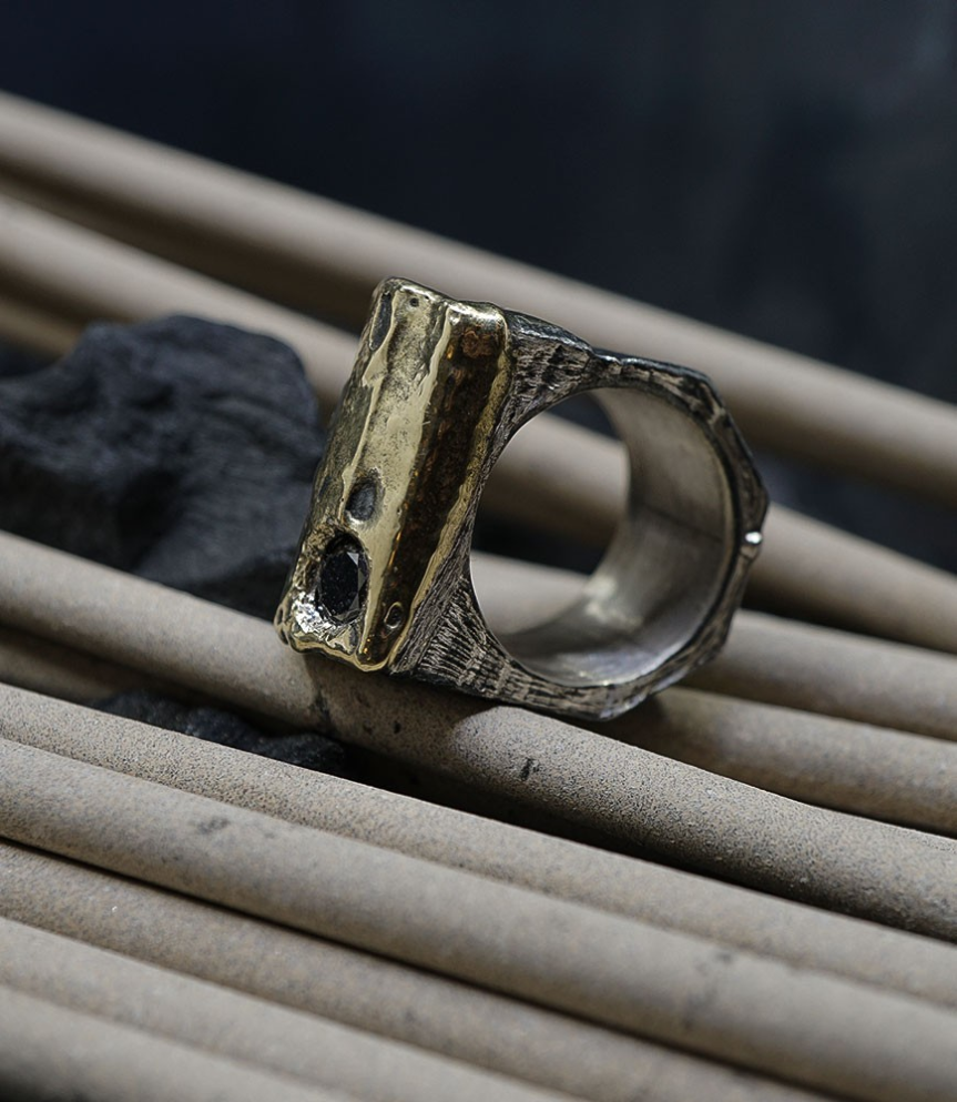 Black Diamond Ring, Silver and Gold.