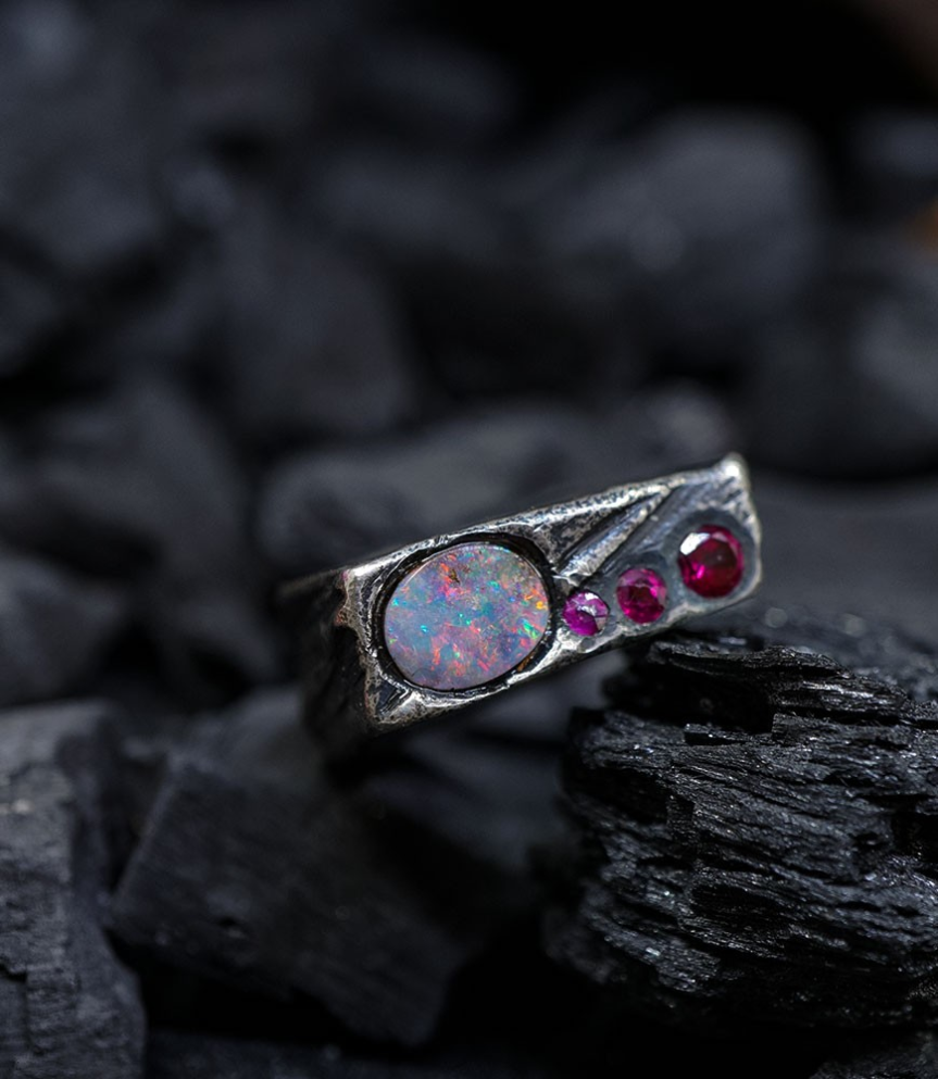 Geologic Stones Collection - Sterling Silver, Opal and Ruby Rings