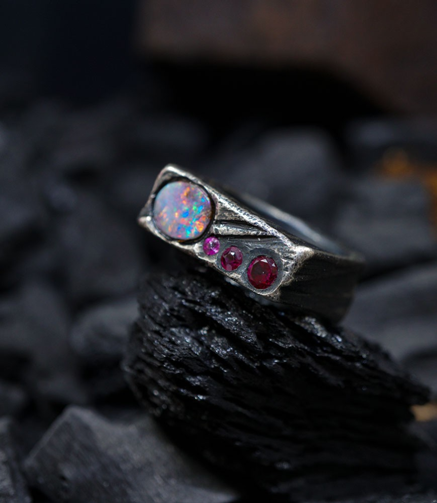 Geologic Stones Collection - Sterling Silver, Opal and Ruby Rings