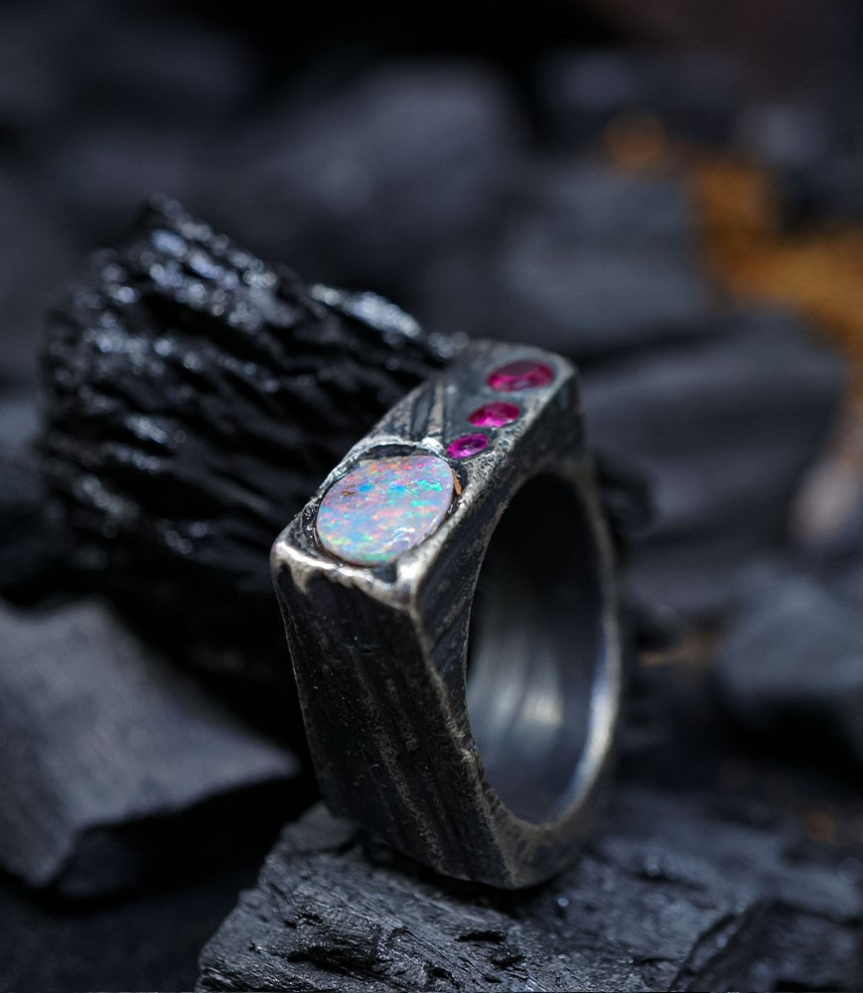 Geologic Stones Collection - Sterling Silver, Opal and Ruby Rings