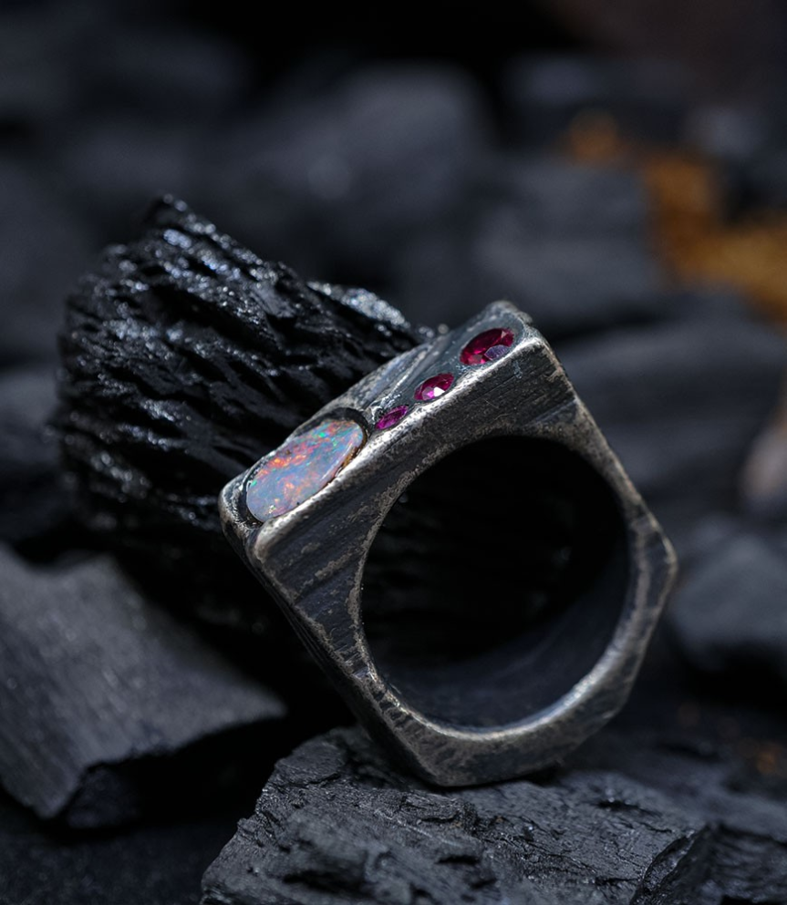 Geologic Stones Collection - Sterling Silver, Opal and Ruby Rings