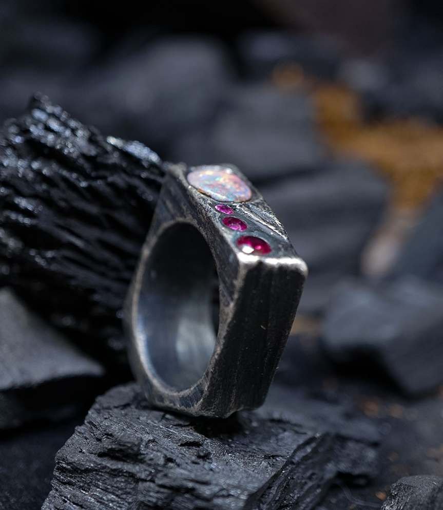 Geologic Stones Collection - Sterling Silver, Opal and Ruby Rings
