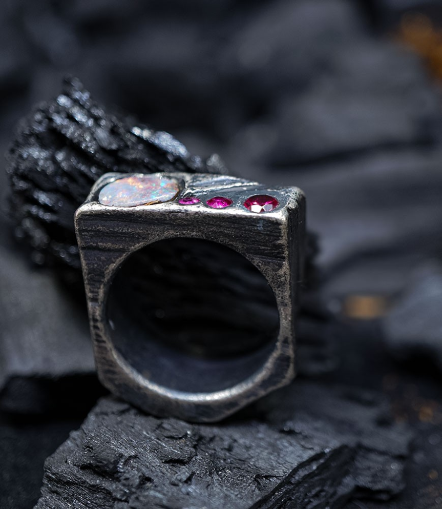Geologic Stones Collection - Sterling Silver, Opal and Ruby Rings