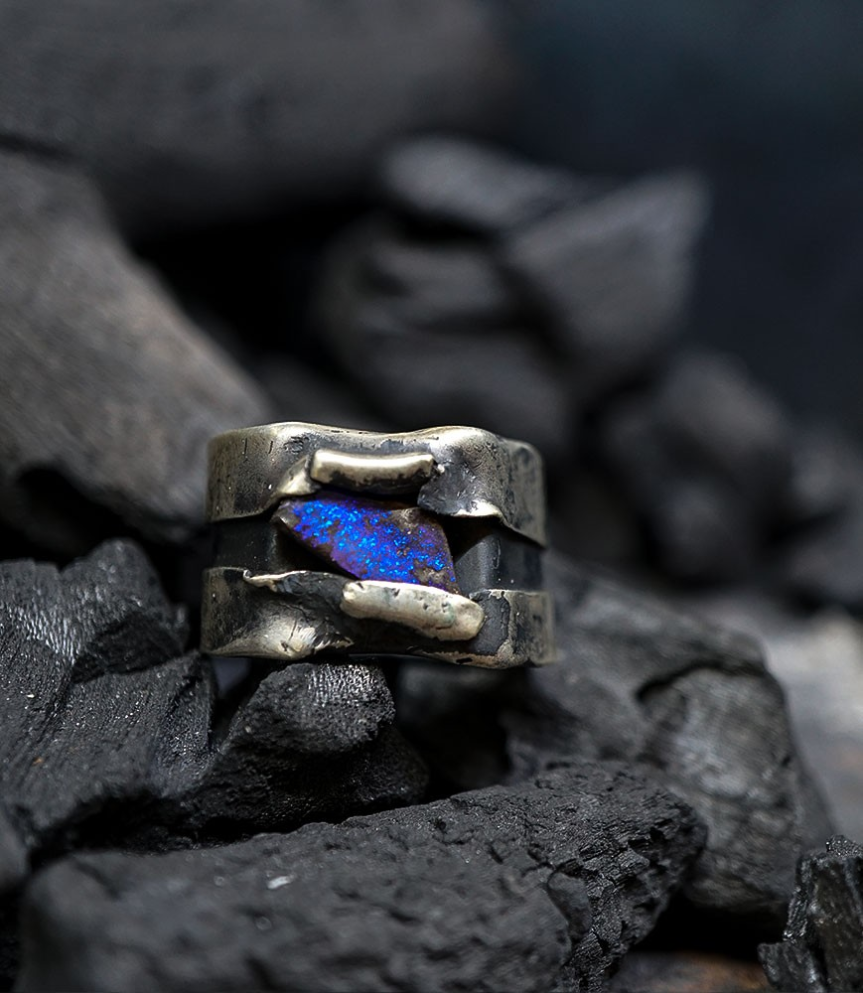 Bague en argent massif et opale pièce unique pour homme