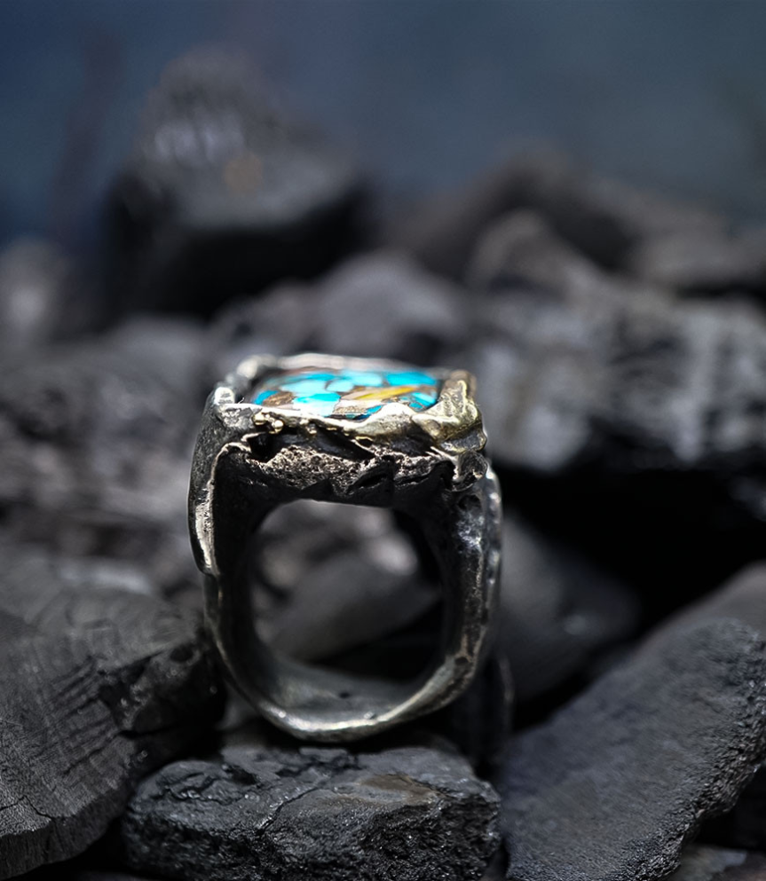 Bague Turquoise en argent et or création Krazystones