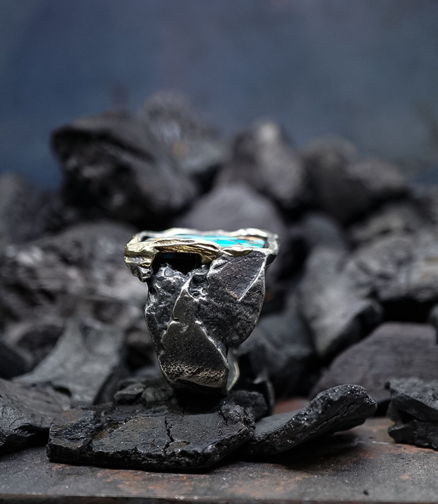 Bague Turquoise en argent et or création Krazystones