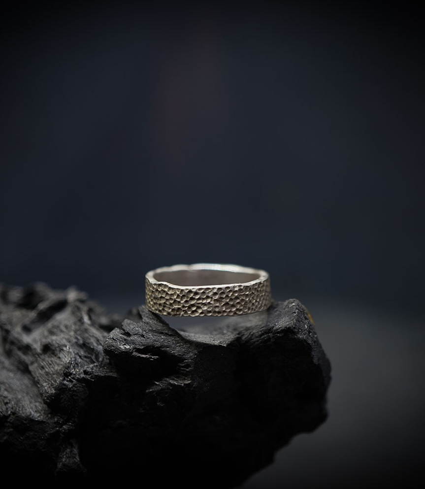 Hammered solid silver ring.