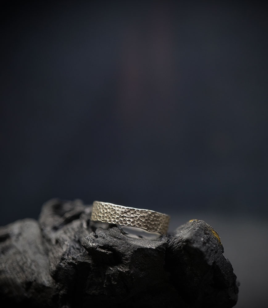 Hammered solid silver ring.