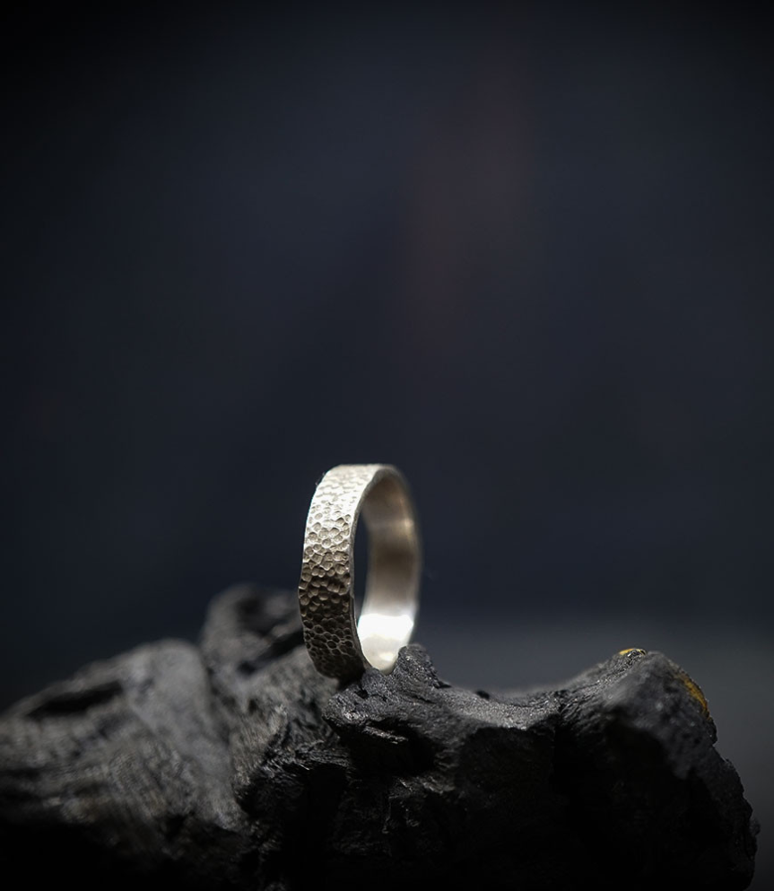 Hammered solid silver ring.
