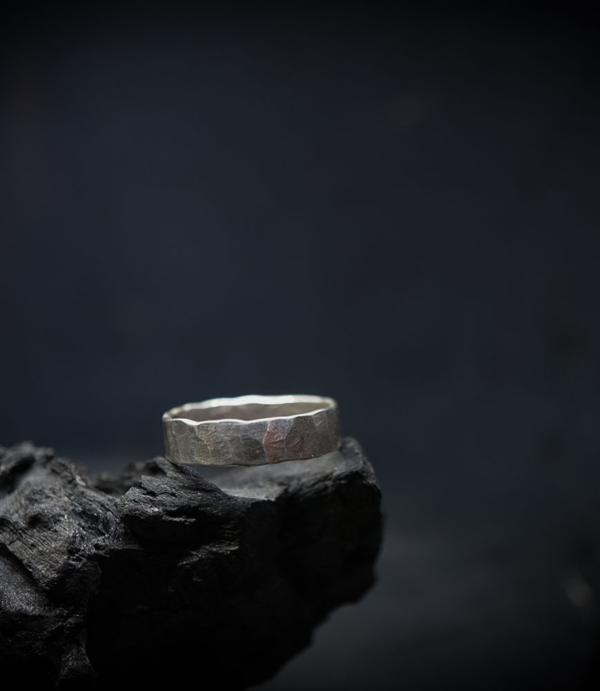 Hammered silver ring from the Anthony Barrouyer collection, signed Krazystones.