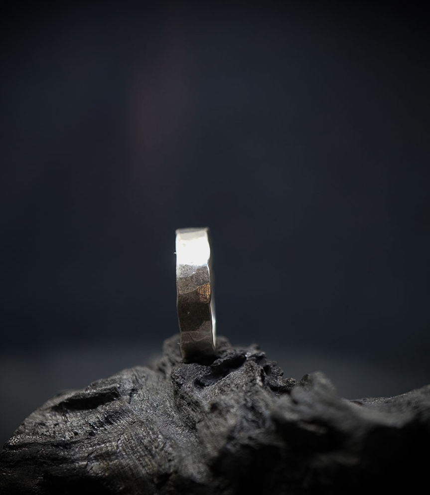 Hammered silver ring from the Anthony Barrouyer collection, signed Krazystones.