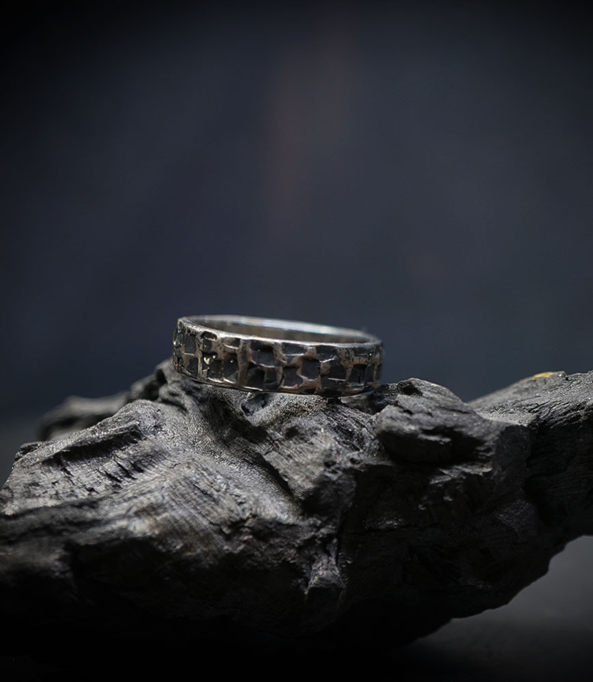 Hammered silver Krazystones ring.