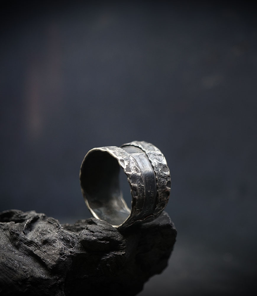 Hammered silver Krazystones ring.