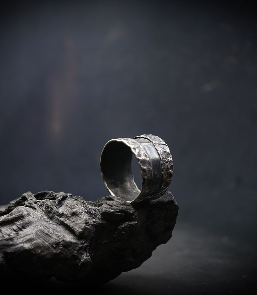 Hammered silver Krazystones ring.