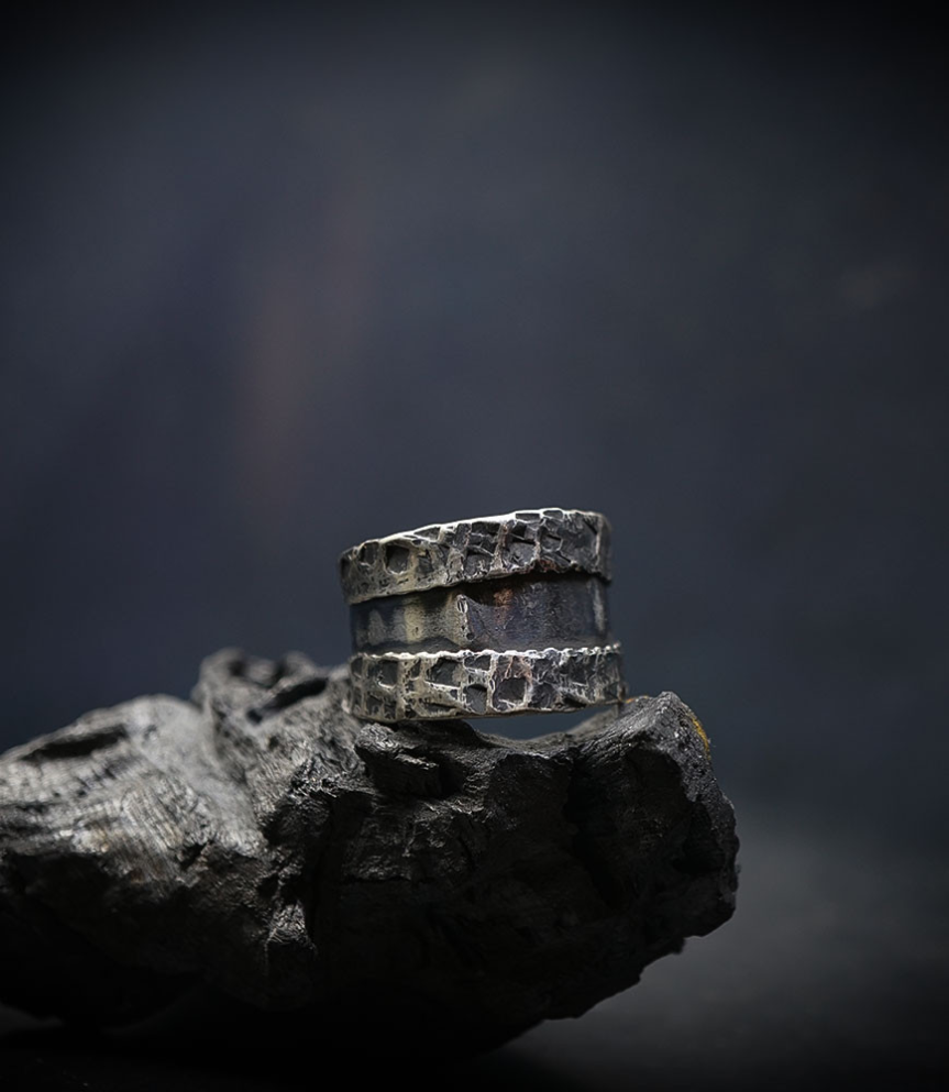 Hammered silver Krazystones ring.