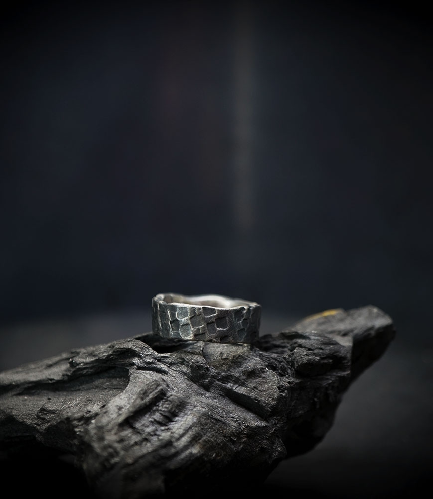 Hammered solid silver ring.