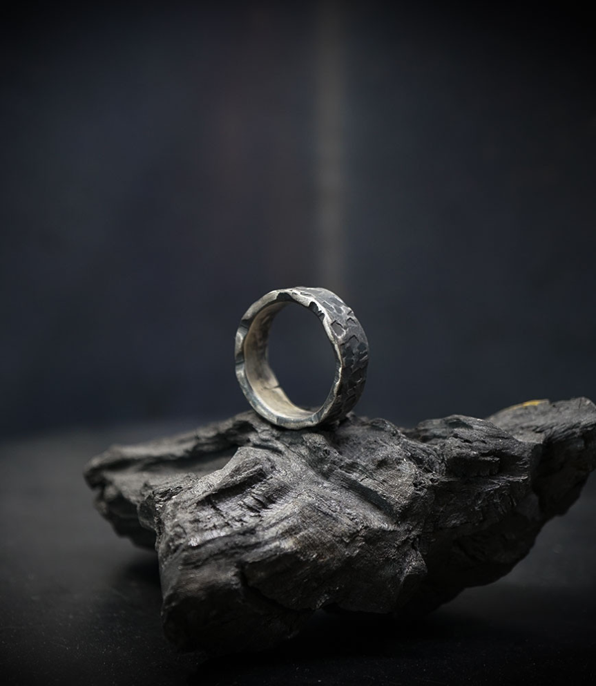 Hammered solid silver ring.