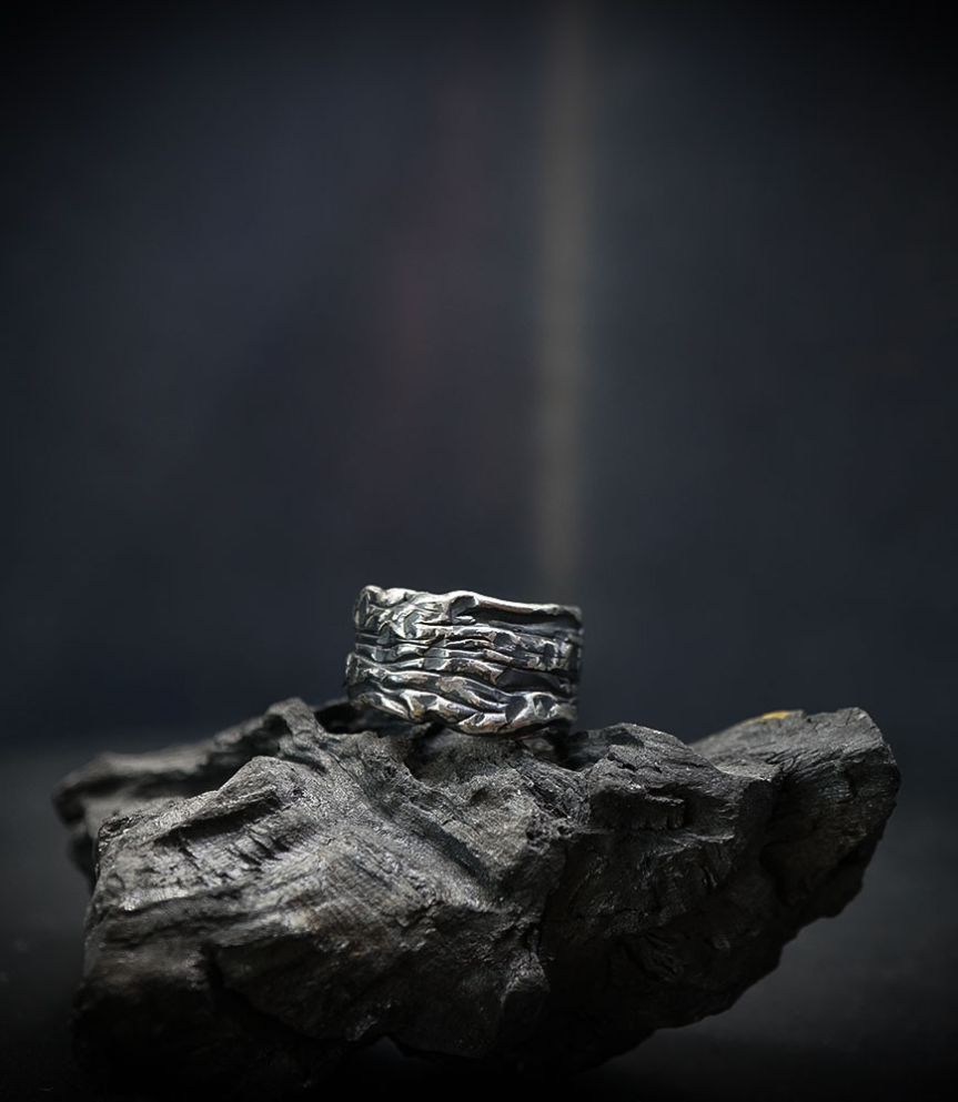 Hammered solid silver ring.