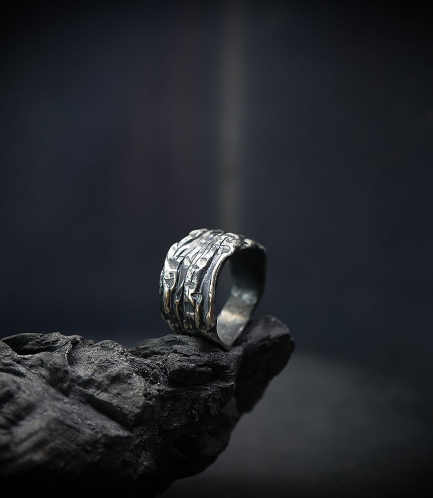 Hammered solid silver ring.