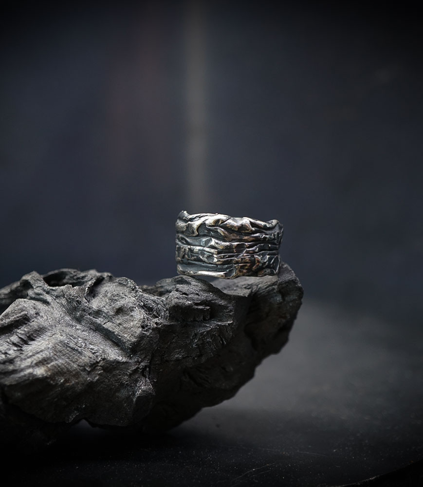 Hammered solid silver ring.