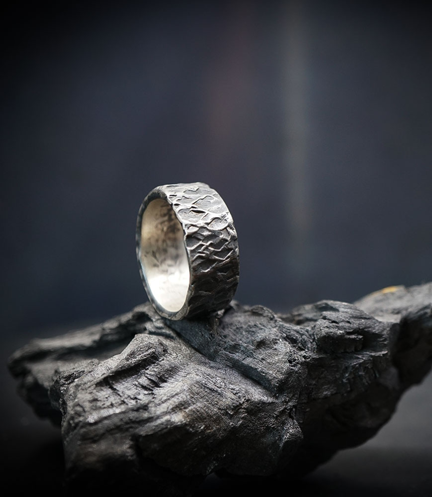 Hammered solid silver ring.