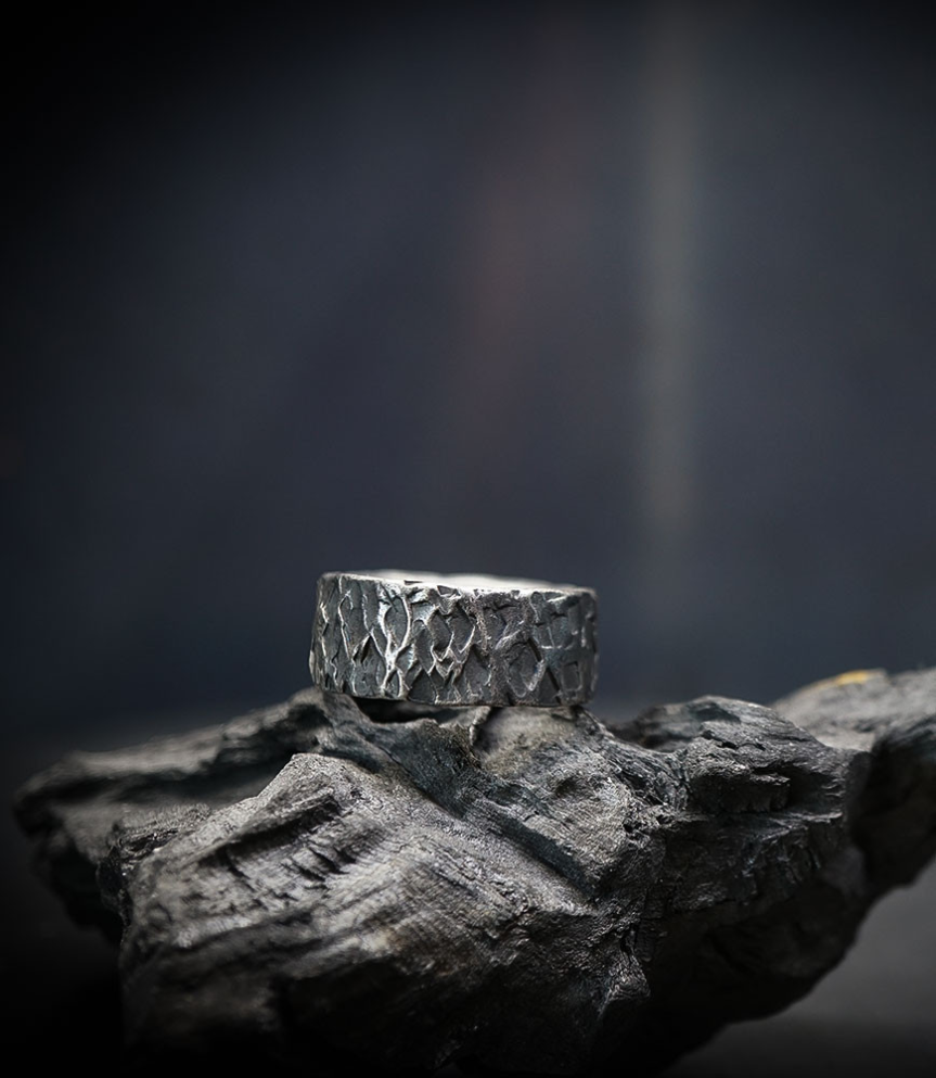 Hammered solid silver ring.