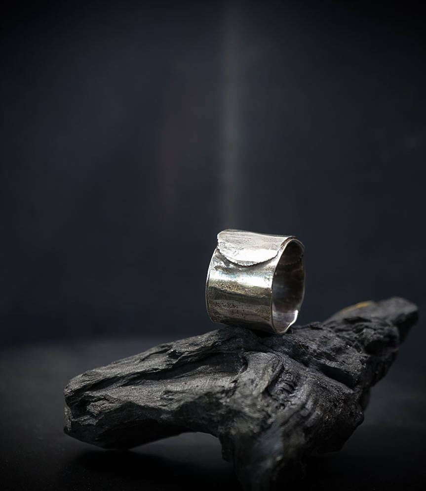 Hammered solid silver ring.