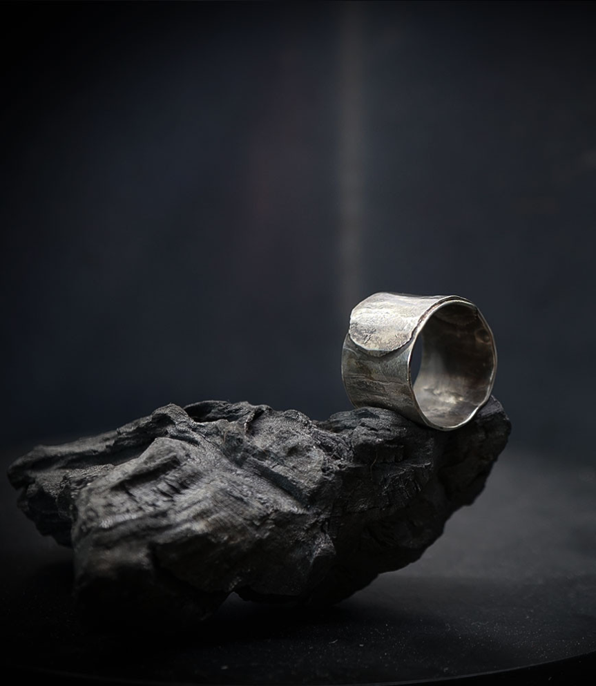 Hammered solid silver ring.