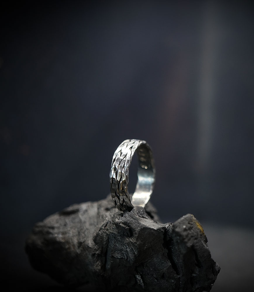 Hammered solid silver ring.