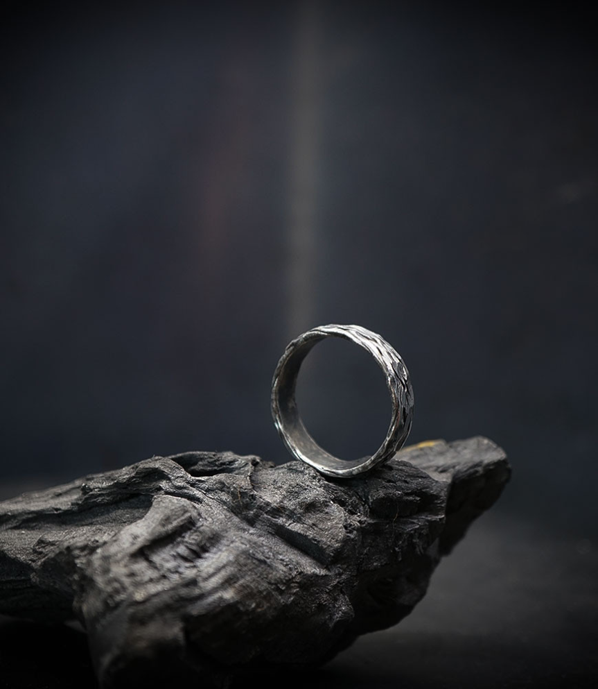 Hammered solid silver ring.