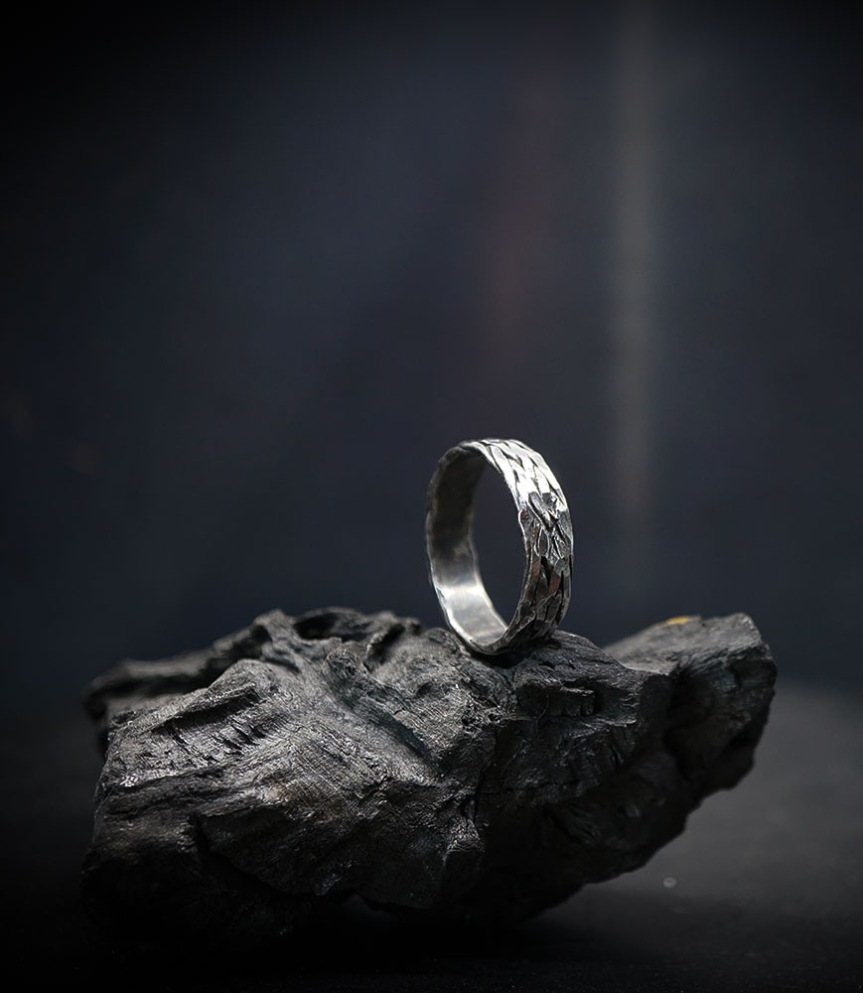 Hammered solid silver ring.