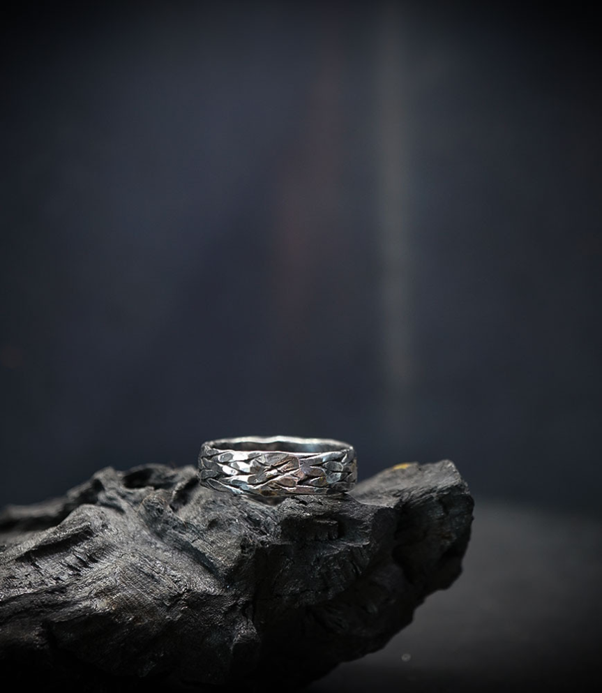 Hammered solid silver ring.