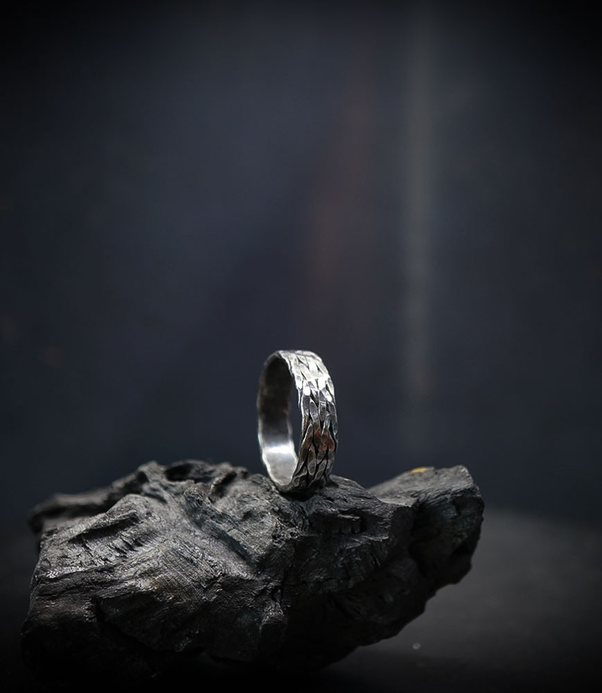 Hammered solid silver ring.