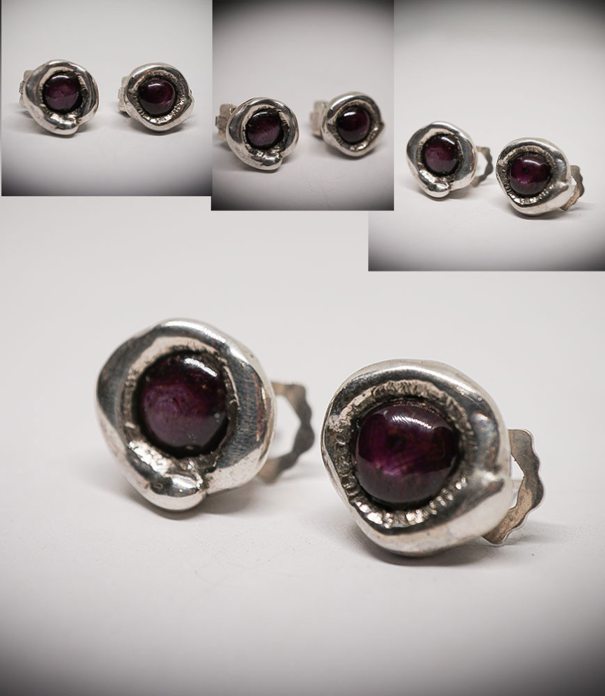 Boucles d'oreilles en Argent Massif et Rubis Etoilé.