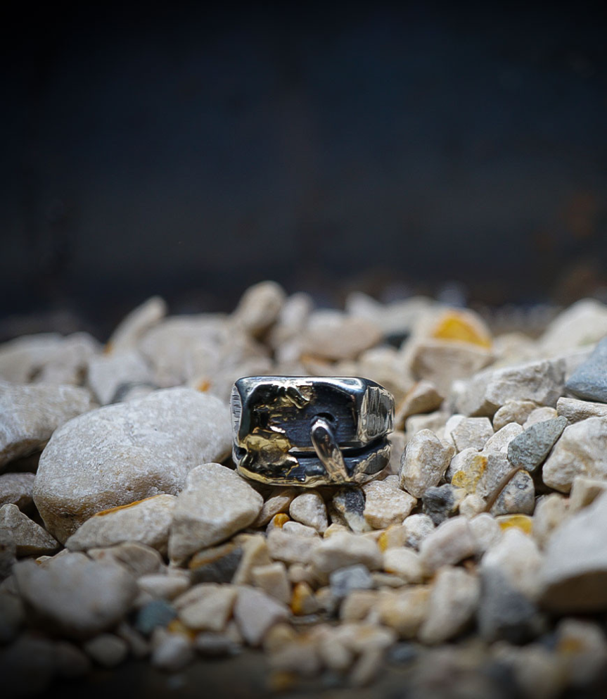 Chevaliere de créatrice en or et argent massif.